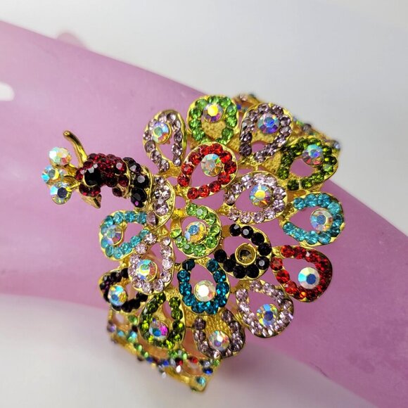 Multicolored Crystal Peacock Bracelet Stretchable Peacock Cuff Bracelet - Picture 10 of 11